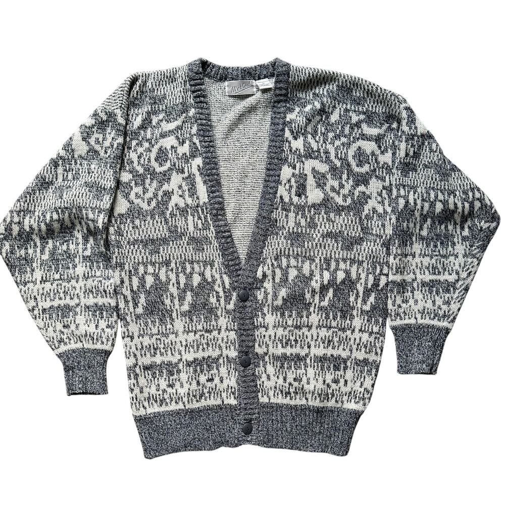 Vintage Cardigan Cozy Jacquard Knit Sweater Gray White Size Large Cabincore